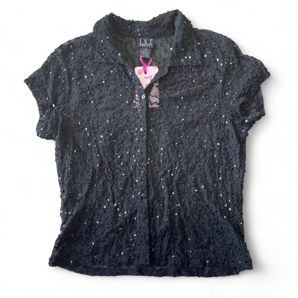 INC Vintage Y2K Whimsygoth Sequin Mesh Button Up Top Black sz Medium Petite